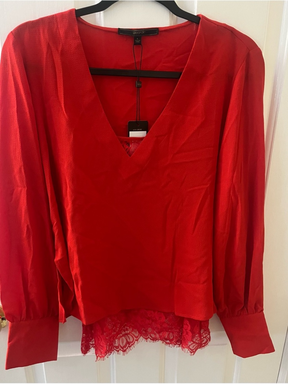 Red Lace Tank V-Neck Blouse - Women's Top Large Max Sport NEW